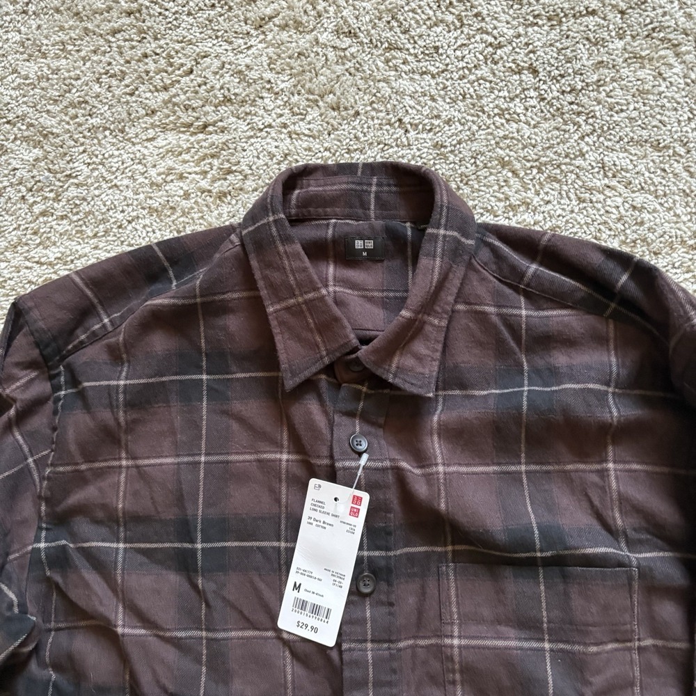 Uniqlo Button Up Flannel Shirt Med Mens Black Plaid 100% Cotton Long Sleeve - Picture 2 of 7